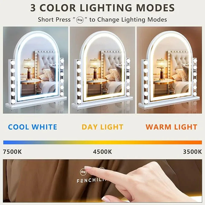 FENCHILIN Arch Vanity Mirror with Light 23.4"x22.4" Arched Makeup Mirror Lighted Hollywood Mirror with 12 Dimmable Bulbs and Light Strip with Smart Control 3 Color Modes White - ModernBath