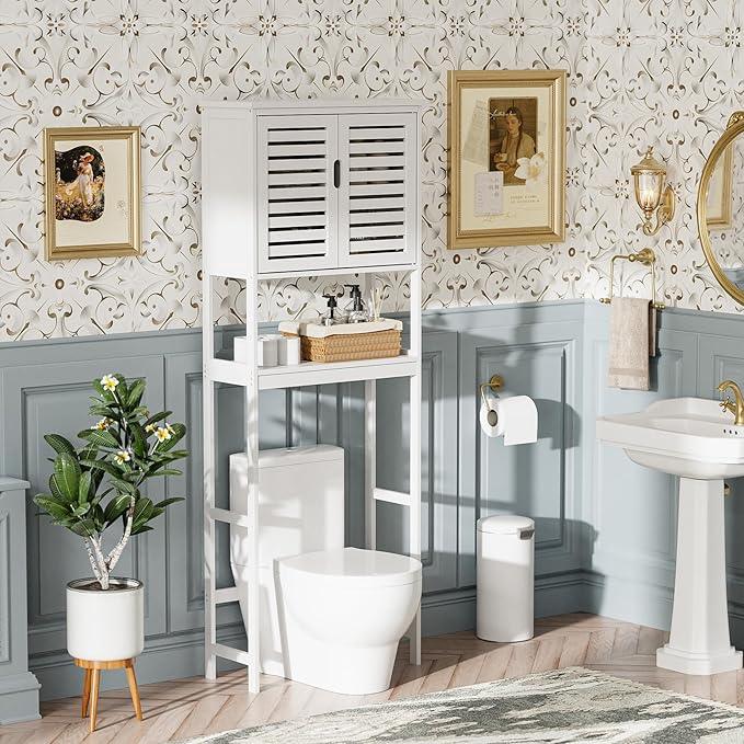 SMIBUY Bathroom Over The Toilet Storage Cabinet, 2 Door Bamboo Cabinet Organizer, Freestanding Space Saver Toilet Rack with Adjustable Inside Shelf and Open Shelf (White) - ModernBath