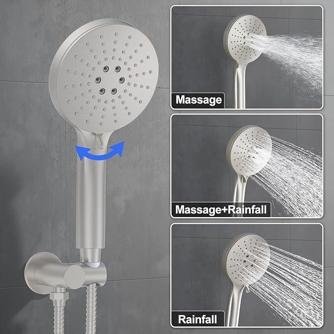 KOJOX Brushed Nickel Thermostatic Shower System, Push Button Diverter Shower Faucet Set with 12" Ceiling Mount Rain Shower, 8" Wall Mount Shower Head, and 3-in-1 Handheld Spray - ModernBath
