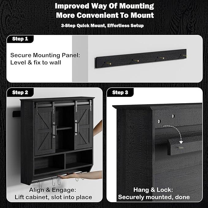 RUSTOWN Farmhouse Bathroom Wall Cabinet,3-Tier Rustic Wood Wall Mounted Cabinets,Vintage Medicine Cabinet with Sliding Barn Door and Adjustable Shelves,Over The Toilet Storage Cabinet (Black) - ModernBath