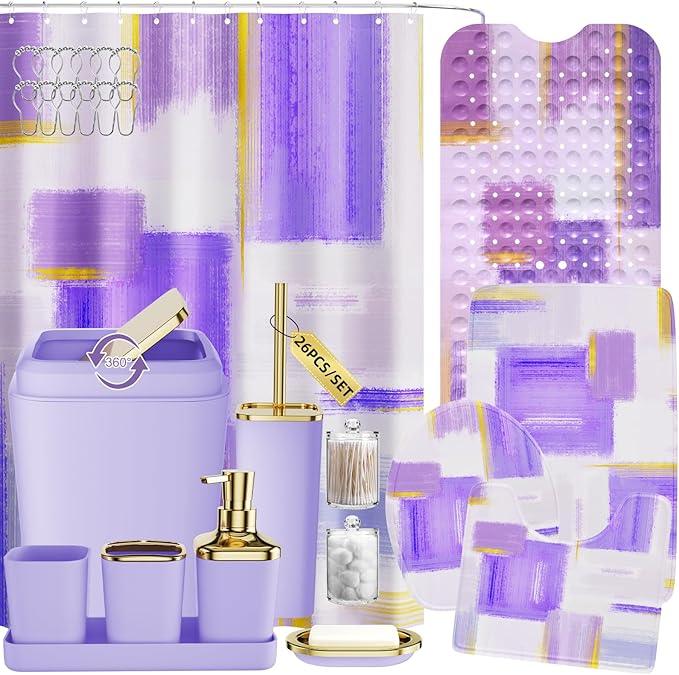 XLHOMO Bathroom Accessories Set - 26PCS Purple Bathroom Set, Bathroom Accessory Set with Shower Curtain and Rugs and Bathtub Mats for Home - ModernBath