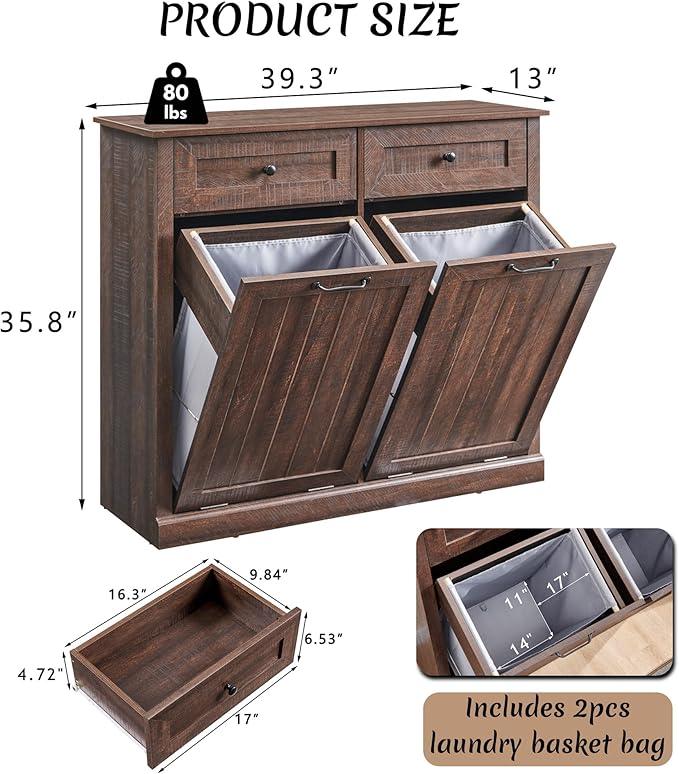 Double Tilt Out Laundry Hamper Cabinet, 20 Gallon Farmhouse Trash Can Cabinet with Drawer, Hidden Wood Garbage Can Bin Cabinet with Laundry Storage Basket for Bathroom, Kitchen, Brown - ModernBath