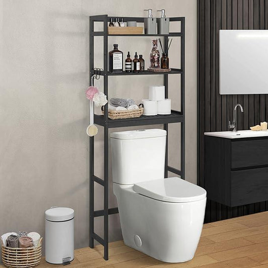 CAPHAUS Over The Toilet Storage Shelf,3-Tier Over-The-Toilet Shelf Rack with Adjustable Feet & Hooks, Freestanding Bamboo Toilet Shelf, Bathroom & Laundry Organizer, Balcony Plant Stand, Black - ModernBath