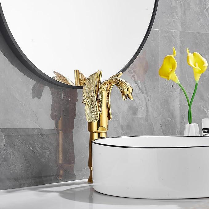 GGStudy Gold Swan Shape Single Handle One Hole Bathroom Vessel Sink Faucet Deck Mount Lavatory Sink Faucet - ModernBath