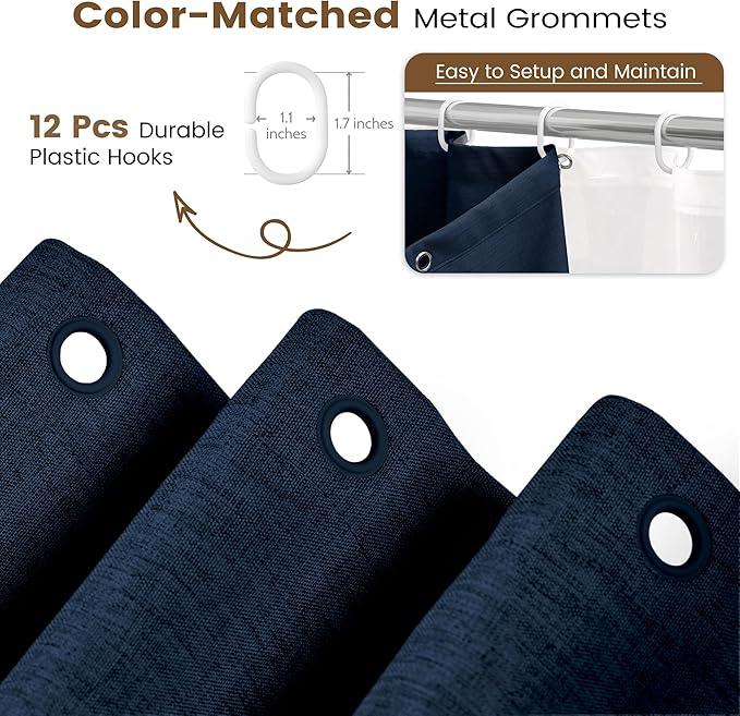 BTTN 3 in 1 Shower Curtain Set, Navy Blue Linen Textured Fabric Shower Curtain and Clear Liner Set with Plastic Hook, Modern Hotel Luxury Weighted Waterproof Shower Curtain for Bathroom, Blue, 72x72 - ModernBath