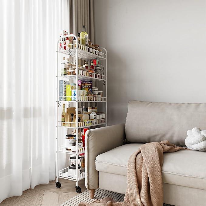 6 Tier Slim Rolling Storage Cart with Wheels, Metal Mobile Shelving Unit Organizer Utility Cart for Office Bathroom Kitchen Laundry Room Narrow Places (White 10 Inches) - ModernBath