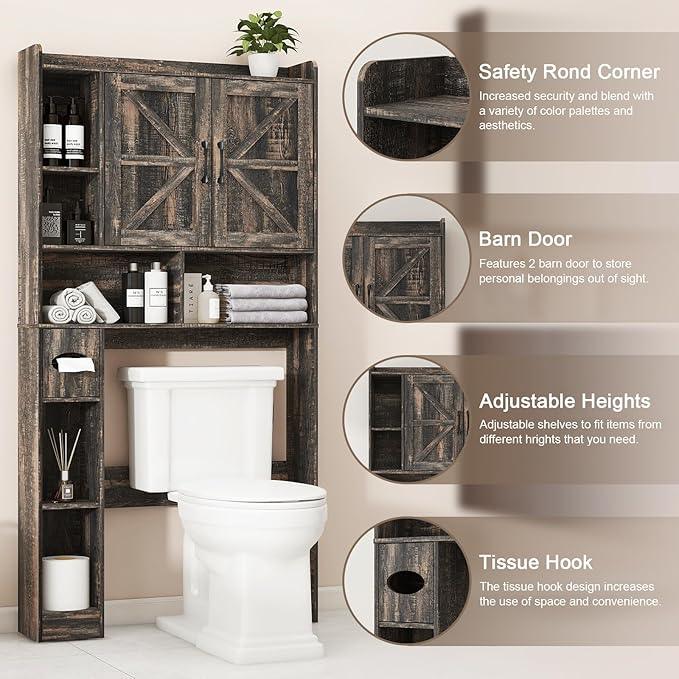 Over The Toilet Storage Cabinet, Farmhouse Storage Cabinet Over Toilet with 2 Barn Doors & Toilet Paper Holder Stand，Home Space-Saving Toilet Rack, for Bathroom, Restroom, Laundry - ModernBath