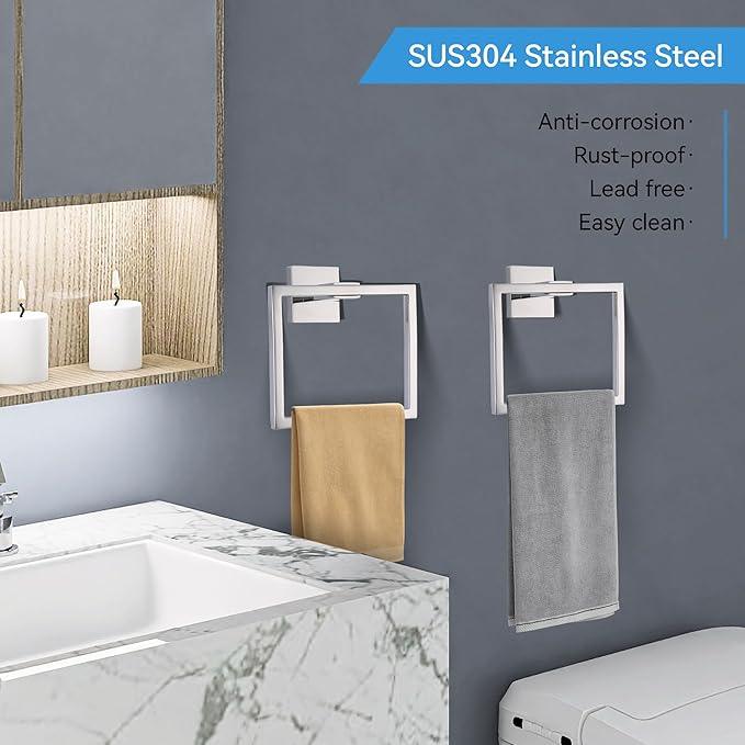 LANC Hand Towel Holder for Bathroom Wall Mount Chrome Silver 2-Piece Square Hand Towel Rings for Bath Kitchen Toilet SUS304 Stainless Steel Contemporary Style Shower Towel Towel Rack, A8896CP-P2 - ModernBath