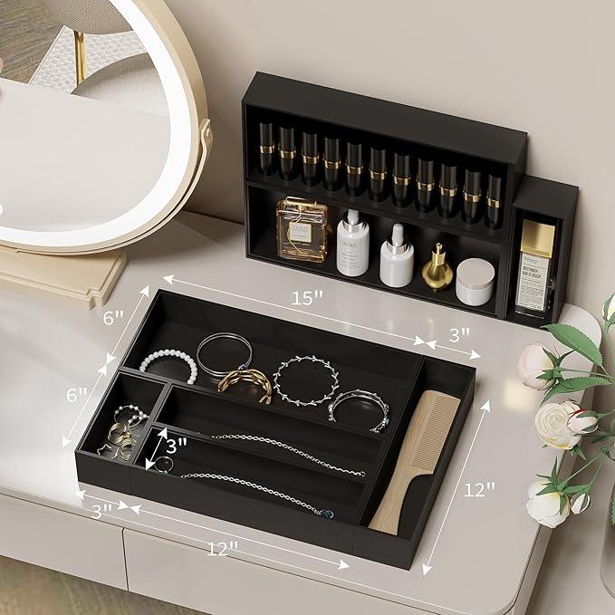 Kitchen Drawer Organizer Tray, Stackable Black Bamboo Drawer Organizer for Large Silverware, Utensils, Cutlery, Flatware, Junk, Dresser, Bathroom, 17" x 6" x 2.5" (Set of 2) - ModernBath