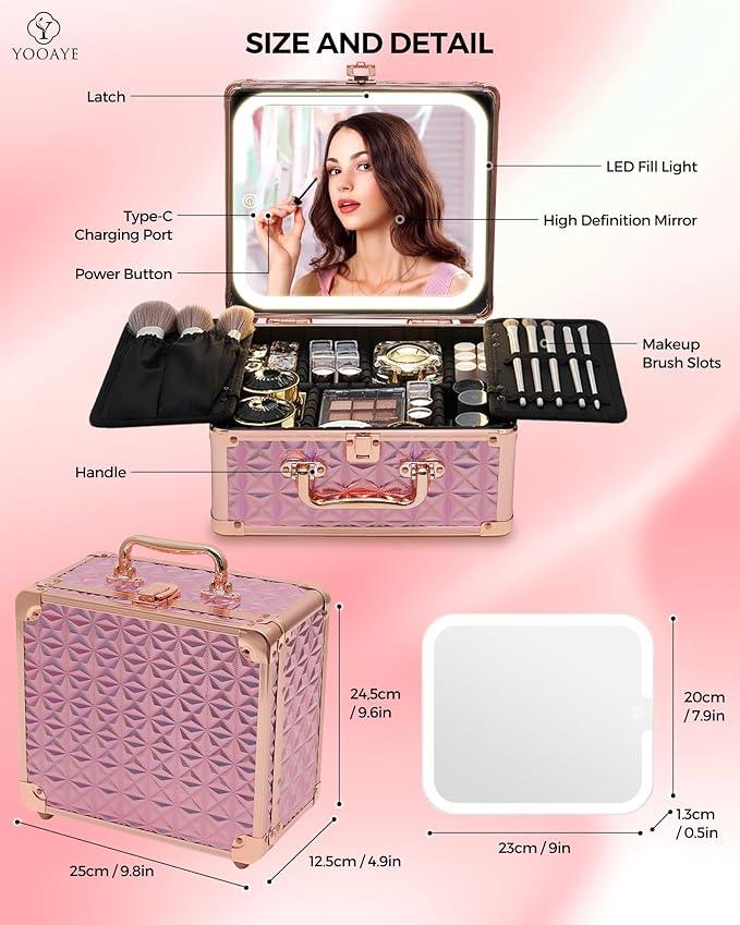 Yooaye Makeup Box with Detachable Lighted Mirror–Travel Train Case, Cosmetic Storage Organizer & Makeup Suitcase with Adjustable Dividers & Magnetic LED Mirror (Pink) - ModernBath