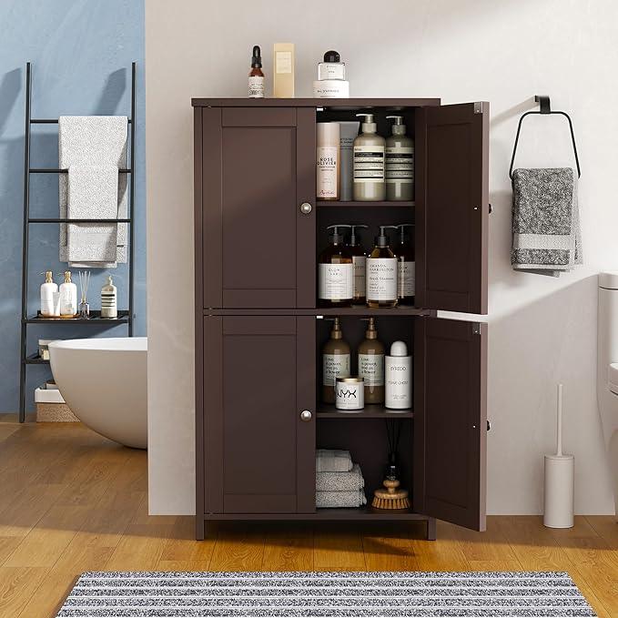 Vongrasig Floor Storage Cabinet, Small Bathroom Storage Unit with 4 Doors and Adjustable Shelves, Freestanding Modern Cabinet for Living Room, Entryway, Office, Reddish Brown - ModernBath