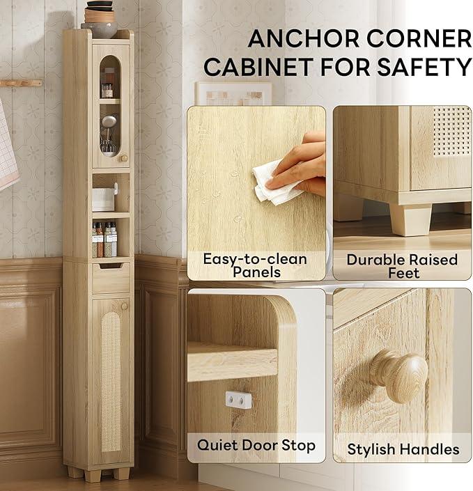 LIKIMIO 69" H Tall Bathroom Storage Cabinet with 2 Doors & 1 Drawer, Narrow Adjustable Shelves & Pull-Out Tissue Holder, Slim Freestanding Cabinet for Small Spaces, Kitchen, Entryway, Rustic White - ModernBath