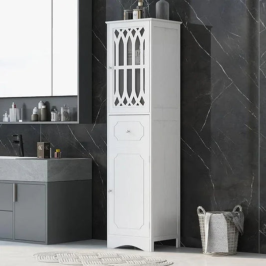 Tall Bathroom Storage Cabinet with 2 Doors & Drawer, 64" H Bathroom Cabinets Freestanding, Slim Linen Cabinet with Adjustable Shelves, Narrow Linen Tower for Living Room, Laundry Room, White - ModernBath
