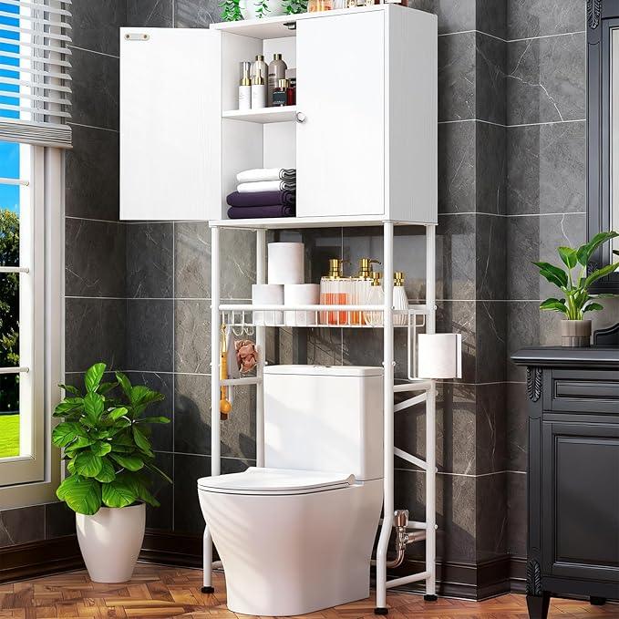 Over The Toilet Storage Cabinet - Bathroom Organizers Shelf with Barn Doors, Freestanding Space-Saver Above Toilet Storage Cabinet , Water-Resistant Rack for Bathroom，Anti-Tip Toilet Shelves (White) - ModernBath