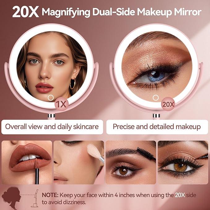 Shinowa Makeup Mirror with Lights, 1X/20X Lighted Magnifying Mirror with Storage for Makeup & Jewelry, 2-Sided Height Adjustable Vanity Mirror with 3 Color Lights, 360° Rotation & Rechargeable, Pink - ModernBath
