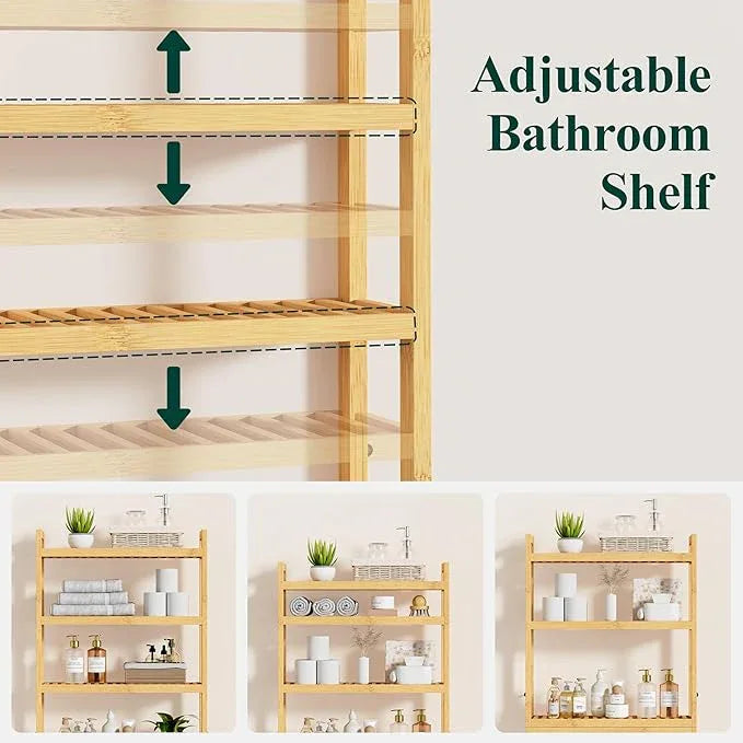 Smiry Over The Toilet Storage Cabinet, 4-Tier Bamboo Bathroom Organizers with Adjustable Shelf & 4 Hooks, Space Saving Shelf Rack for Bathrooms, Laundry Room, Balcony, Natural - ModernBath