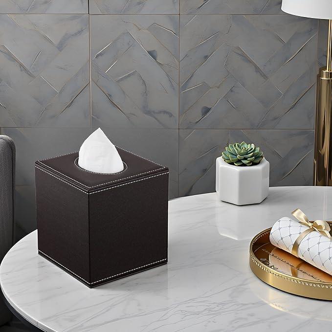 KINGFOM Square Pu Leather Tissue Box Cover, Modern Facial Tissue Holder, Roll Tissues Paper Case Dispenser for Bathroom Vanity Countertop, Night Stands, Office Desk & Car(Brown) - ModernBath