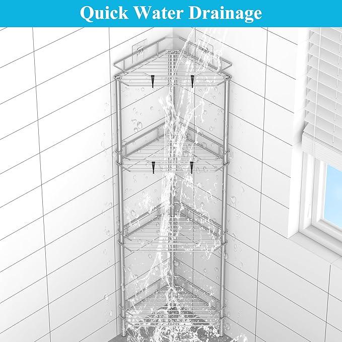 4 Tier Floor Standing Corner Shower Caddy Organizer Shelf with Hooks, Bathroom Shelves Stand Rack, Gray - ModernBath