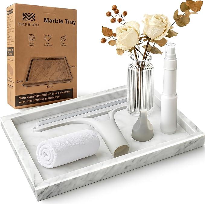 MARBLOC 12"x8" Marble Tray White Rectangular Bathroom Tray countertop, Vanity & Kitchen | Includes Mirror Wiper and Wash Towel | Decorative Organizer for Perfume, Jewelry & Home Decor - ModernBath