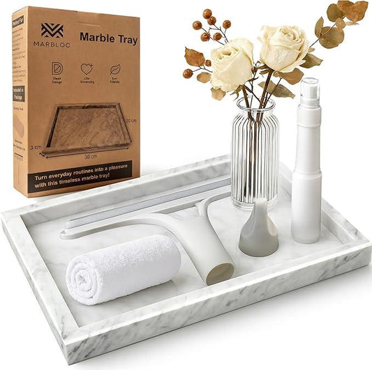 MARBLOC 12"x8" Marble Tray White Rectangular Bathroom Tray countertop, Vanity & Kitchen | Includes Mirror Wiper and Wash Towel | Decorative Organizer for Perfume, Jewelry & Home Decor - ModernBath