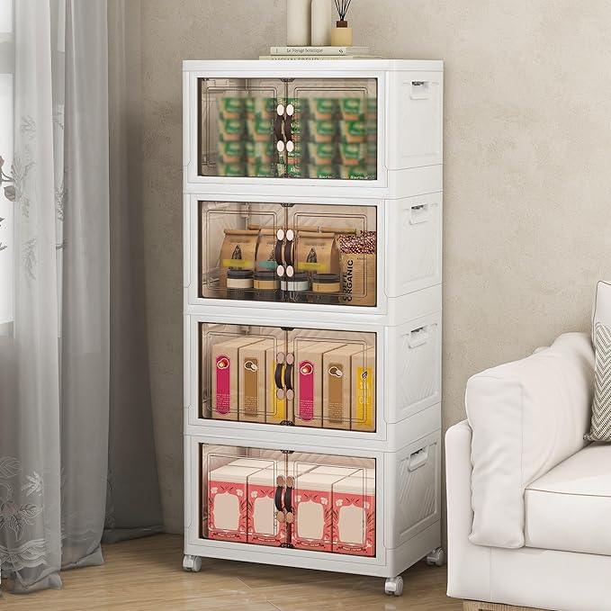 Storage Bins with Lids and Wheels, 180QT-45QT*4Tier Collapsible Bathroom Storage Cabinet with Clear Doors, Plastic Stackable Closet Organizers and Containers White - ModernBath