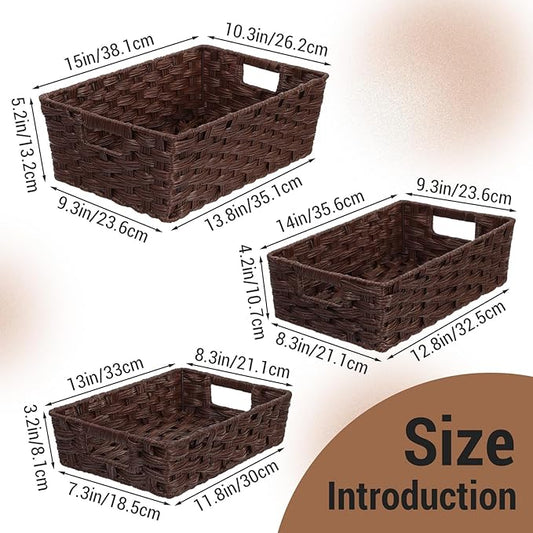 Ferrochef Set of 3 Large Wicker Storage Baskets for Shelves, Wicker Basket for Organizing, Waterproof Woven Baskets for Shelves and Pantry, Toilet, Bathroom, Bedroom, Patio(Brown)