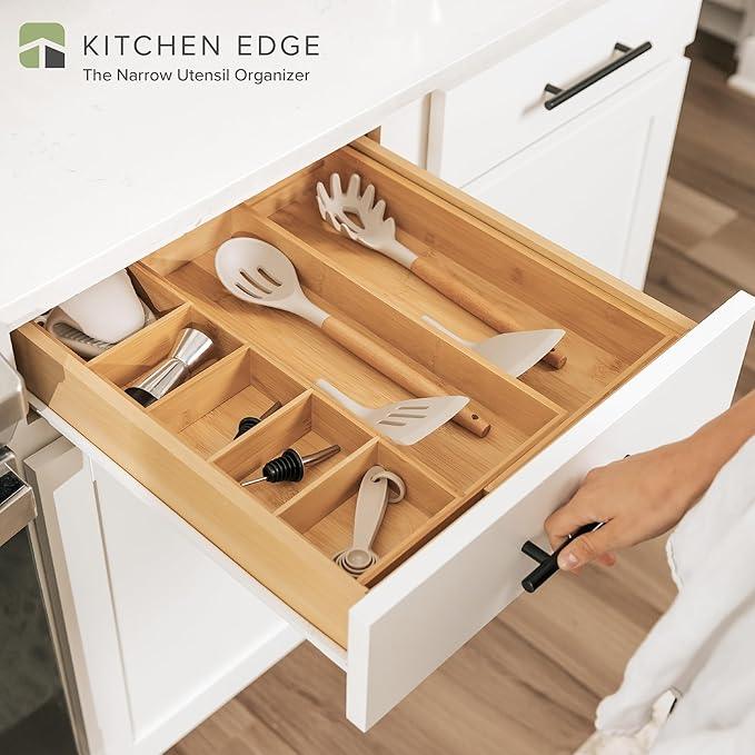 KitchenEdge Adjustable Kitchen Drawer Organizer for Utensils and Junk, Food-Safe Contract Grade with 100% Sustainable Wood, Expandable from 10.5 to 19 Inches Wide - Natural Bamboo - ModernBath