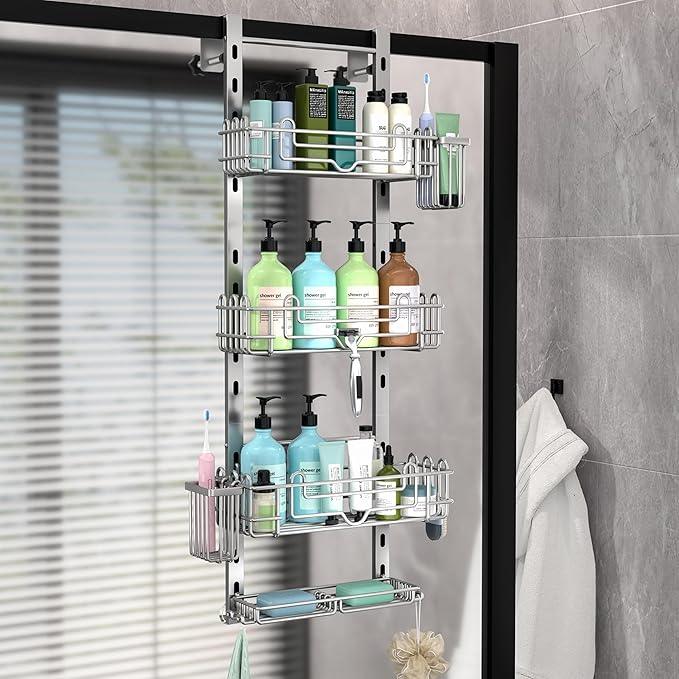 HapiRm Hanging Shower Caddy Organizer - Shower Shelf with 22 Hooks and 2 Toothbrush Holders, No Drilling Adjustable Hanging Bathroom Organizer - Silver - ModernBath
