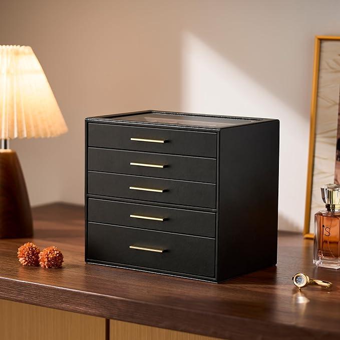 pickpiff Jewelry Box Organizer Case for Women: 5-Layer Jewelry Storage Case with Glass Window, Black Leather with Blush Velvet, Holder for Ring Necklace Bracelet Brooch Watch, Great Gift for Her - ModernBath