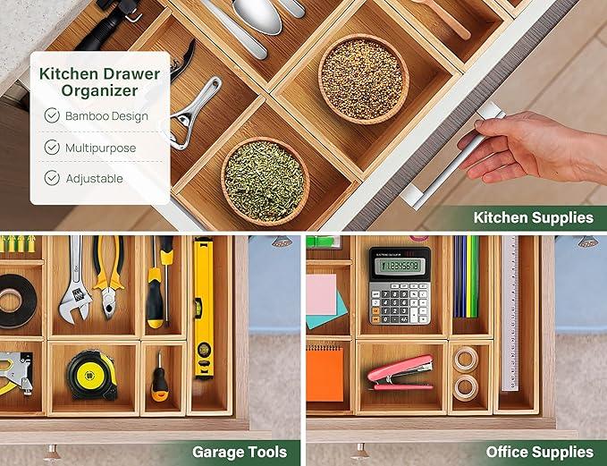 Kootek Bamboo Drawer Organizer with Removable Dividers, 6 Pcs Adjustable Kitchen Drawer Organizer Utensils Bamboo Organizers Silverware Storage Box Cutlery Tray Multi-Use for Bathroom, Makeup, Office - ModernBath