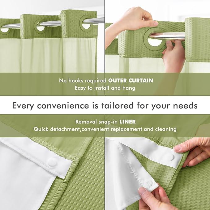 Mrs Awesome No Hook Shower Curtain with Snap-in Liner, Embossed Waffle Design Fabric Shower Curtain for Bathroom, Soft & Lightweight, 71x74, Sage Green - ModernBath