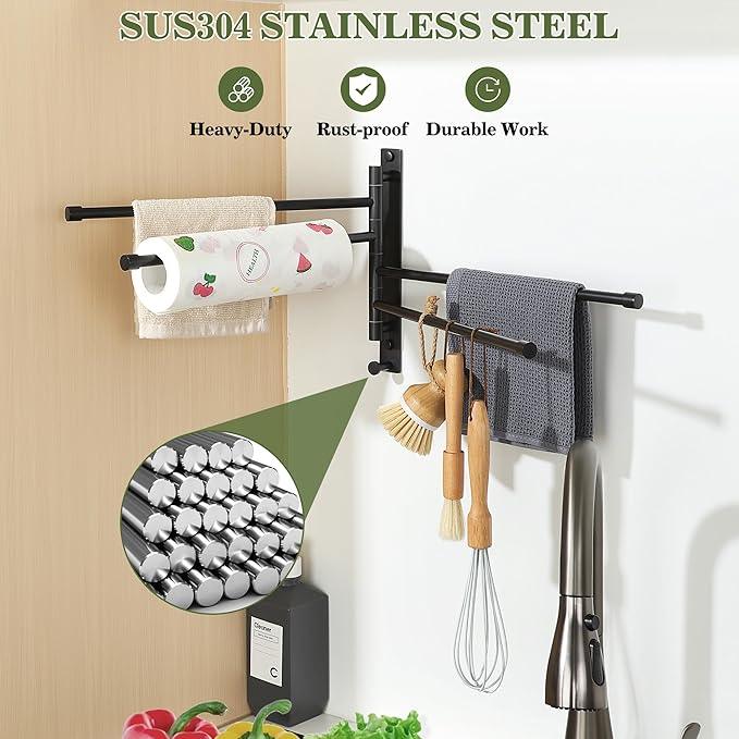 Alise Swivel Towel Rack, SUS304 Stainless Steel 4 Arms Towel Bar, Space Saving Swing Out Towel Bar with Hook, Towel Racks Wall Mounted for Bathroom, Matte Black - ModernBath