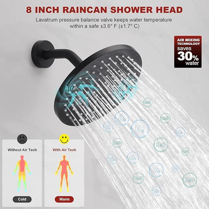 Lavatrum Mate Black Shower Head and Handle Set Single Spray Premium Wall Mount 8 Inch Rainfall Round Shower Faucet with Rough-in Valve and Trim Kit for Bathroom（1.8GPM) - ModernBath