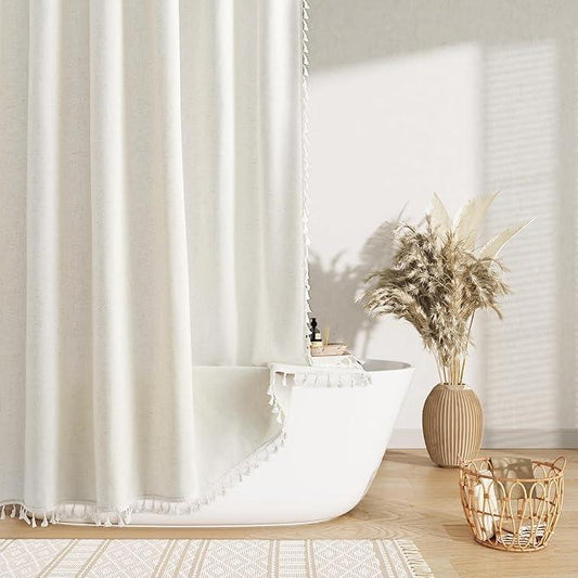 Nanspring Natural Boho Linen Shower Curtain 76 Inches Long Boho Cute Tassel Design Cloth Bath Curtain Set with Hooks Modern Neutral Vintage Country Decor for Bathroom Water Repellent 72x76, Cream - ModernBath