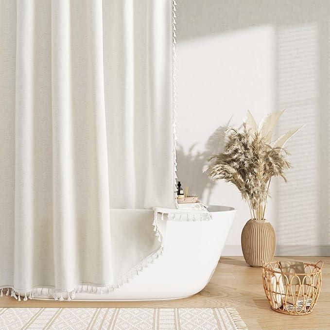 Nanspring Cream Boho Linen Shower Curtain 78 Inch Modern Vintage Country Bathroom Decor Shower Curtain Set with Hooks 78 Inch Length Tassel Design Water Repellent Neutral Bath Curtain 72x78, Natural - ModernBath