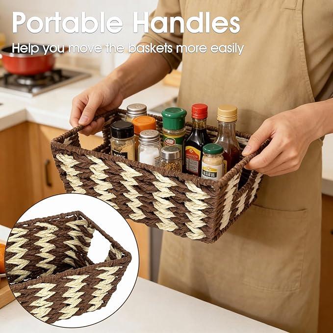 Paper Rope Storage Baskets for Shelves Organizing, Small Hand Woven Wicker Organizer Basket with Handle for Bathroom Toilet Paper Storage, Beige and Brown, 3-Pack - ModernBath