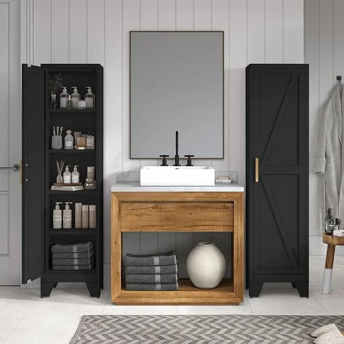 COFaR Tall Bathroom Cabinet, Metal Farmhouse Narrow Slim Storage Cabinet with Adjustable Shelves Barn Door for Bathrooms, Kitchens, Entrances Living Room (Black) - ModernBath