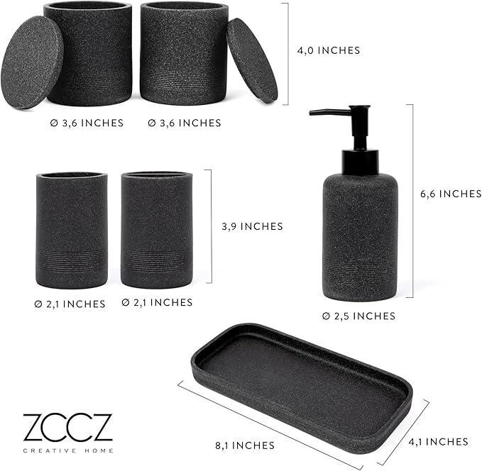 ZCCZ Black Stone Bathroom Accessories Set 6 Pieces - Toothbrush Holder, Lotion Dispenser, Qtip Container, Vanity Tray, Tumbler - Countertop Organizer for Bathrooms - Elegant and Functional Décor Set - ModernBath