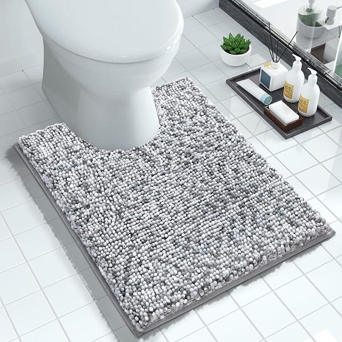 Yimobra Luxury Chenille U-Shaped Toilet Rug, Super Soft Shaggy Contour Bath Mat for Bathroom Floor, Fluffy, Water Absorbent, Non Slip, Machine Washable, Dry Quickly, 24''x 20'', Light Grey & Dark Grey - ModernBath