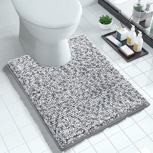 Yimobra Luxury Chenille U-Shaped Toilet Rug, Super Soft Shaggy Contour Bath Mat for Bathroom Floor, Fluffy, Water Absorbent, Non Slip, Machine Washable, Dry Quickly, 24''x 20'', Light Grey & Dark Grey - ModernBath