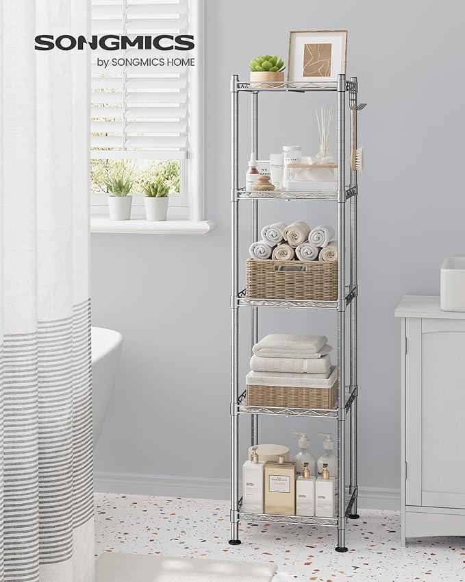SONGMICS 5-Tier Bathroom Shelf, Storage Rack for Small Space, with 5 PP Shelf Liners, Removable Hook, Extendable Design, Silver and Translucent ULGR023S01 - ModernBath