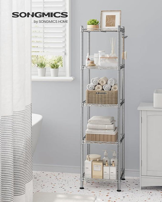 SONGMICS 5-Tier Bathroom Shelf, Storage Rack for Small Space, with 5 PP Shelf Liners, Removable Hook, Extendable Design, Silver and Translucent ULGR023S01 - ModernBath