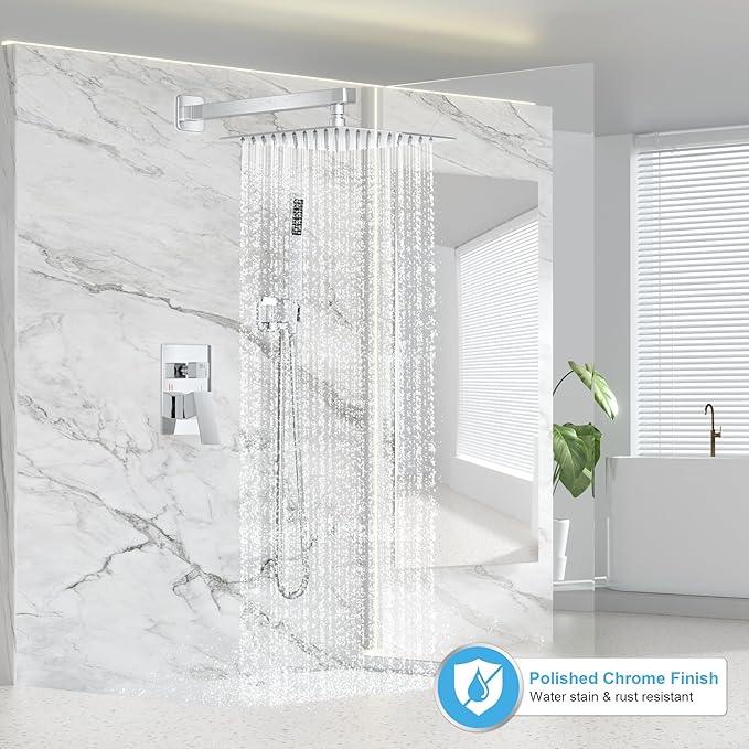 FPXRNG Shower Faucet Set Bathroom Square Rain Shower Head and Handle Set, Wall Mounted Shower Fixtures, Full Metal Trim Repair Kit 10 inch Polished Chrome (With Shower Valve) - ModernBath
