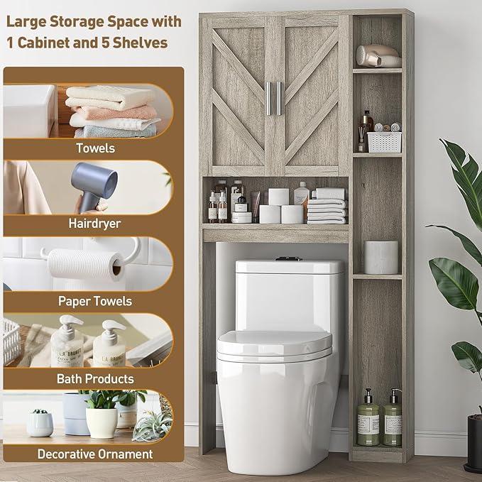 Over The Toilet Storage Cabinet with 7 Storage Shelves, Above Toilet Bathroom Organizer with Toilet Paper Holder Stand, Behind Toilet Cabinet, Space Saver for Restroom, Bathroom, Laundry, Grey - ModernBath