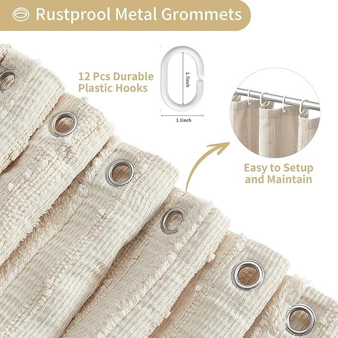 Lameirose Beige Shower Curtain Boho, 72 x 72 Cotton Blend Waffle Weave Stripe Textured Heavy Duty, Fabric Shower Curtain for Bathroom, Hotel, Washable - ModernBath