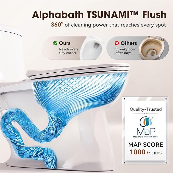 Alphabath 17" Comfort Height Toilet with Soft close seat, One piece Toilets for Bathrooms Elongated, Dual Flush 0.8/1.28 GPF, Nano Self-Cleaning Glaze, Easy to Clean&Install, ADA Height, 12" Rough-In - ModernBath