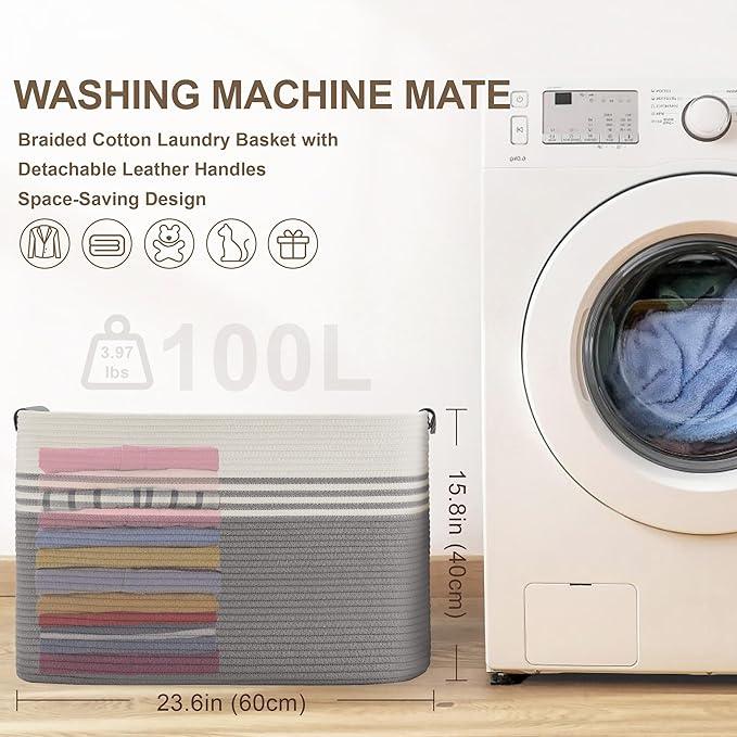 100L Extra Large Laundry Basket with Leather Handles for Living Room Storage, Woven Rope Baskets for Blanket, Kids Toy, Gifts, Wicker Hamper for Bedroom Dirty Clothes, 24"x16"x16" White Grey - ModernBath