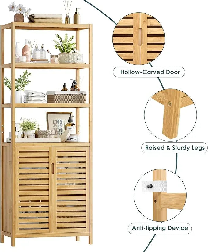 HIFIT Tall Bathroom Storage Cabinet, 66" Bamboo Narrow Bathroom Floor Cabinet with 2 Door & 4-Tier Open Shelves, Corner Tall Cabinets Freestanding Organizer Unit for Bath, Living Room, Entryway,Nature - ModernBath