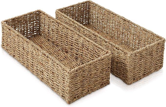 Casafield Set of 2 Bathroom Storage Baskets, Natural - Seagrass, 16" W x 6.75" D x 4.25" H, Woven Toilet Tank Topper Bins for Organizing Tissues, Toilet Paper, Toiletries, Shelves - ModernBath