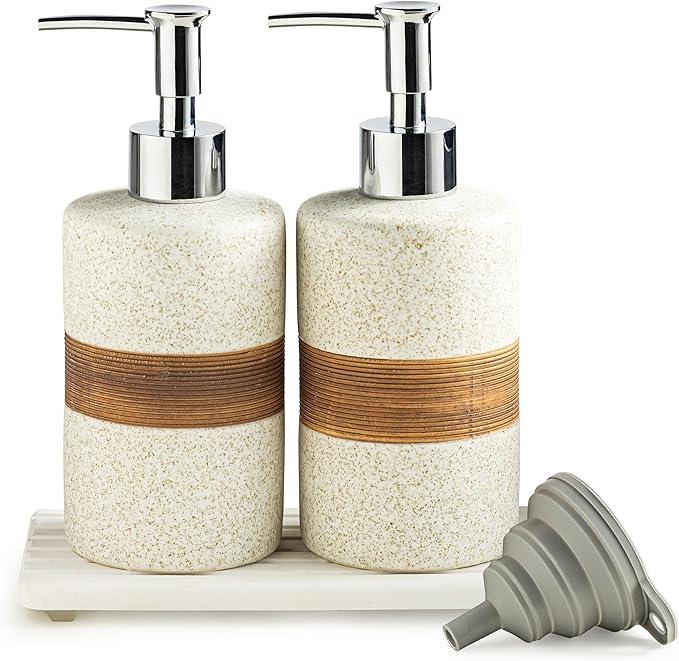 Cormomu 2-Pack Ceramic Soap Dispensers Set, Includes Stainless Steel Pump, Silicone Funnel and Diatomaceous Tray, Hand Soap, Dish Soap, Shampoo and Conditioner Dispenser for Bathroom & Washroom, White - ModernBath